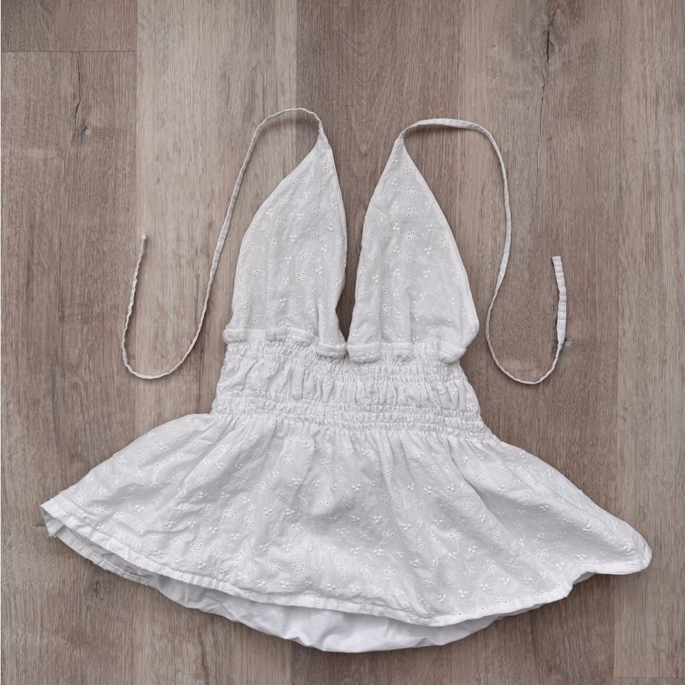 Handmade Custom White Eyelet Halter Top for Spring Summer size L